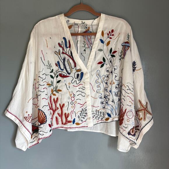 ZARA Women's XL White Embroidered Blouse Ocean Animals Boho Beach Vacation - Picture 1 of 10